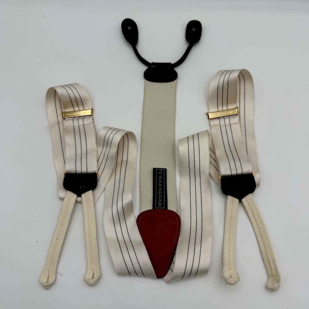 Vintage Trafalgar ivory pinstripe button suspenders Y-back tuxedo leather braces